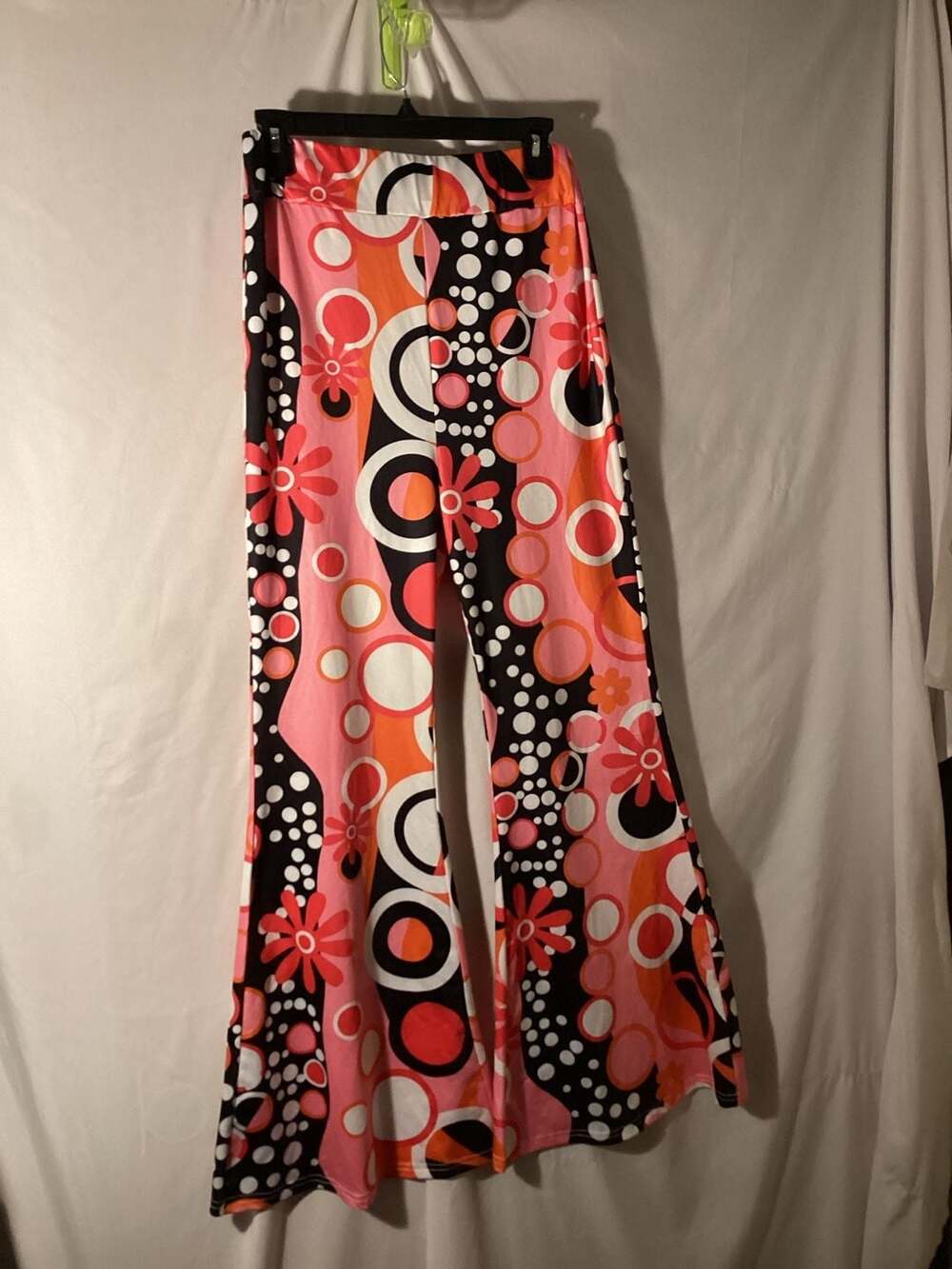 Retro 1960s 1970s Psychedelic Floral Print Bell Bottom Pants Pink Orange Black W